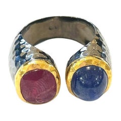 Bochic “Capri” Natural Blue Sapphire & Red Ruby Ring Set In 18K Gold & Silver