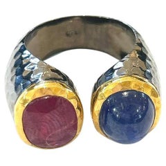 Bochic “Capri” Natural Blue Sapphire & Red Ruby Ring Set In 18K Gold & Silver