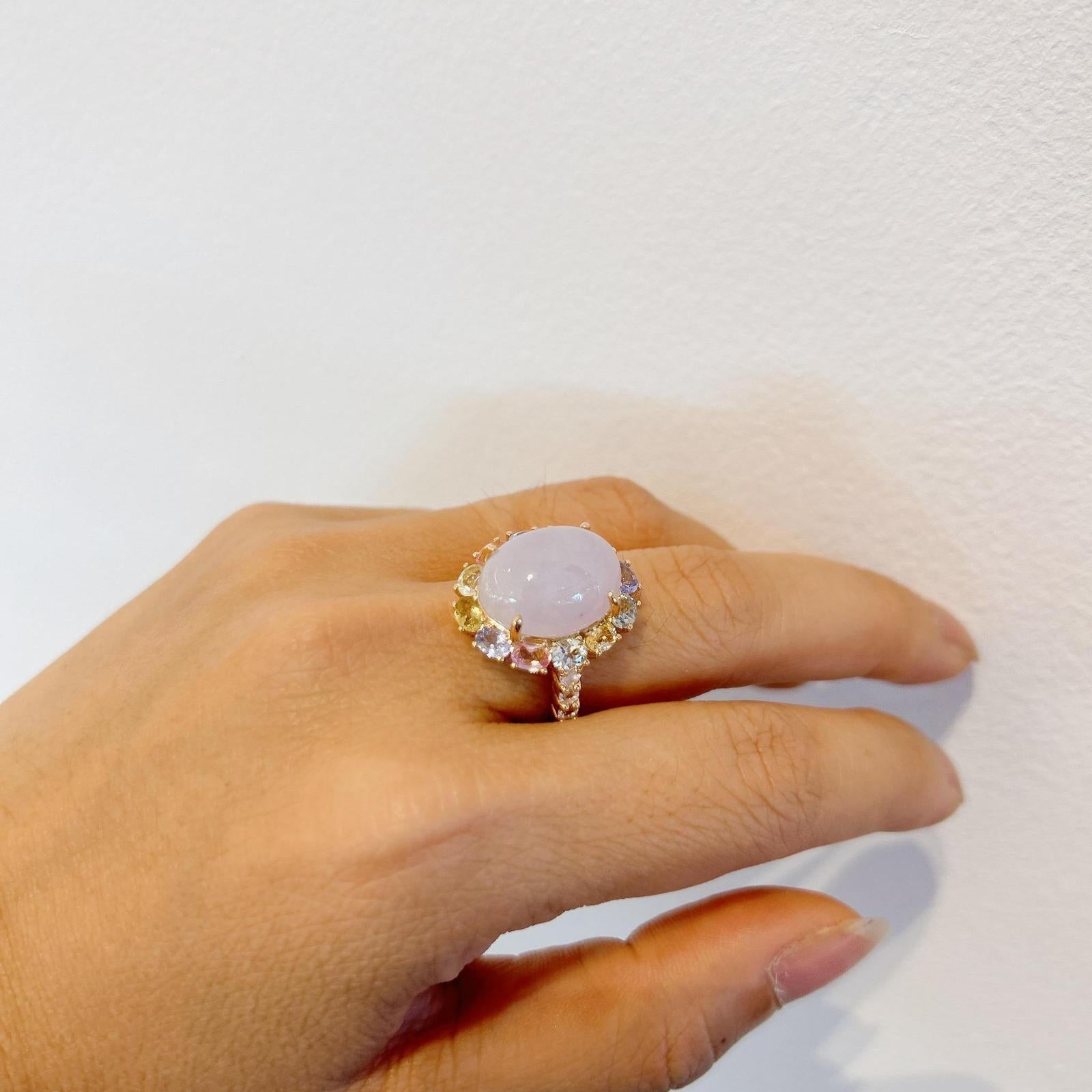 Cabochon “Capri” Natural Lilac Jade Cocktail Ring Set in 18k Gold & Silver For Sale