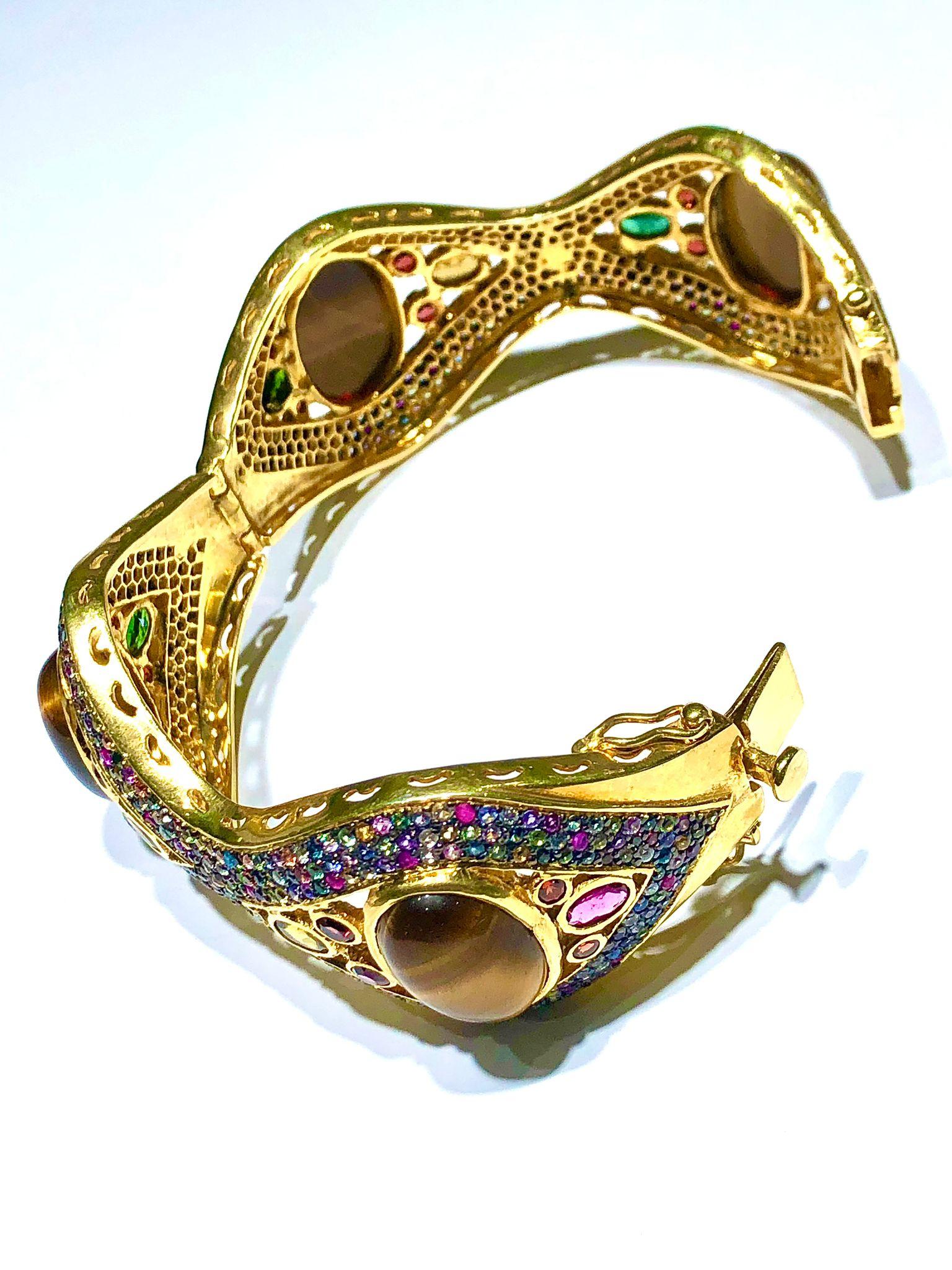 Bochic “Capri” Natural Multi Sapphire, Ruby & Tiger Eye Bangle Set In 18K Gold & For Sale 1