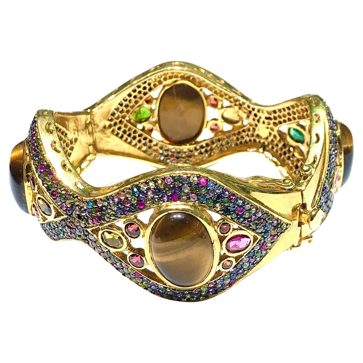 Bochic “Capri” Natural Multi Sapphire, Ruby & Tiger Eye Bangle Set In 18K Gold &