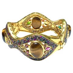 Bochic “Capri” Natural Multi Sapphire, Ruby & Tiger Eye Bangle Set In 18K Gold &