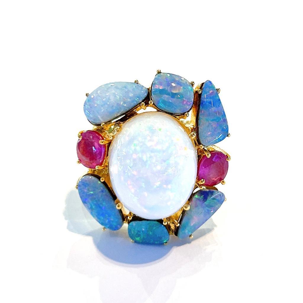 Art Nouveau Bochic “Capri” Natural Opals & Red Ruby Ring Set in 18K Gold & Silver  For Sale
