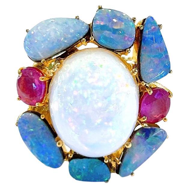 Bochic “Capri” Natural Opals & Red Ruby Ring Set in 18K Gold & Silver 