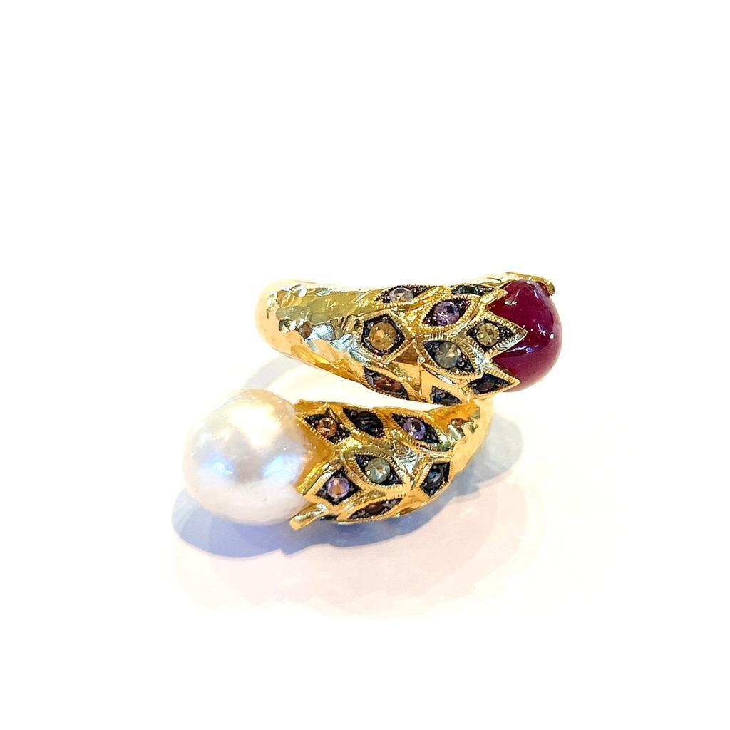 Baroque Bochic “Capri” Natural Red Ruby & Rose Sapphire Ring Set in 18K Gold & Silver  For Sale