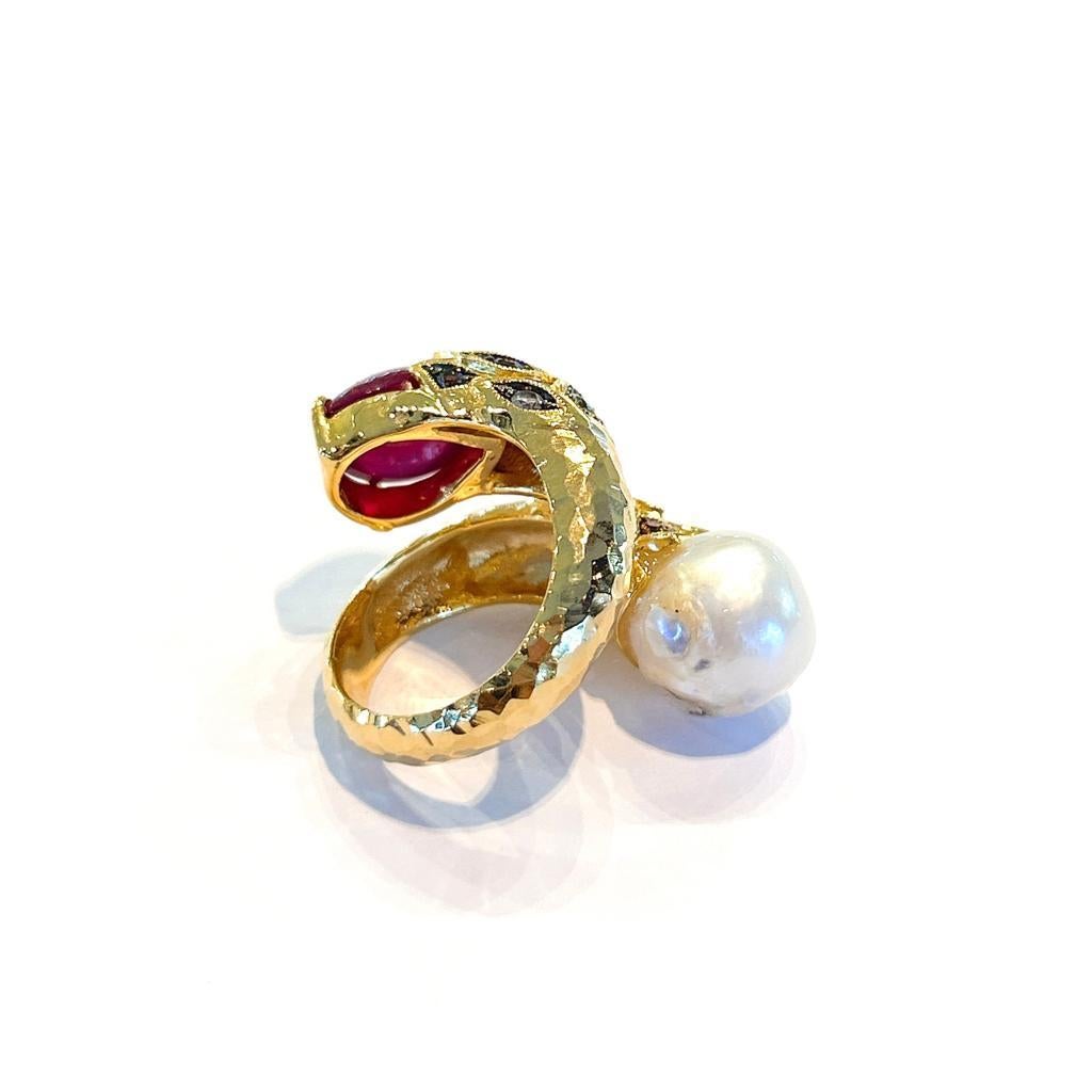 Rose Cut Bochic “Capri” Natural Red Ruby & Rose Sapphire Ring Set in 18K Gold & Silver  For Sale