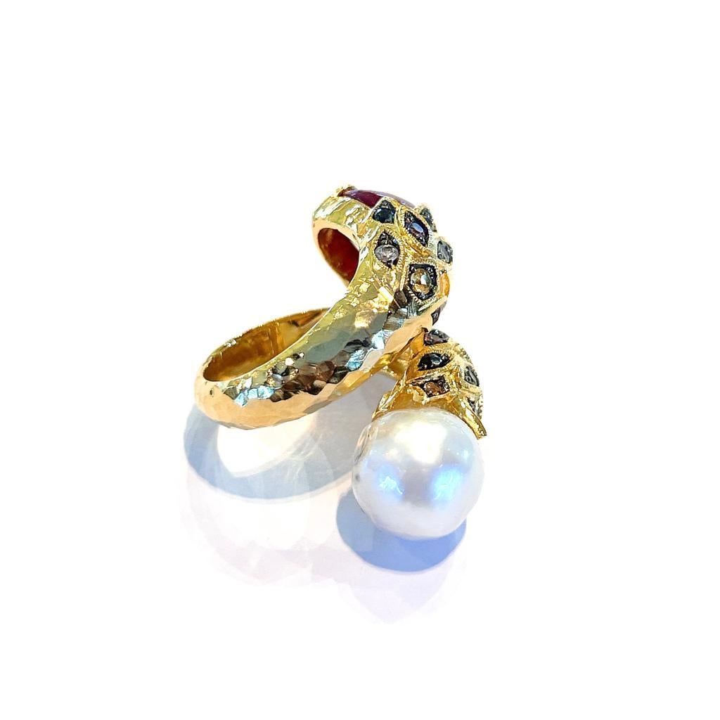 Bochic “Capri” Natural Red Ruby & Rose Sapphire Ring Set in 18K Gold & Silver  For Sale 2