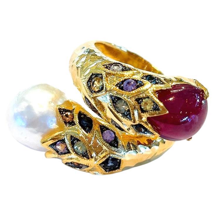 Bochic “Capri” Natural Red Ruby & Rose Sapphire Ring Set in 18K Gold & Silver  For Sale