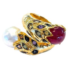 Bochic Capri Ring aus 18 Karat Gold und Silber mit natürlichem rotem Rubin und rosa Saphir 