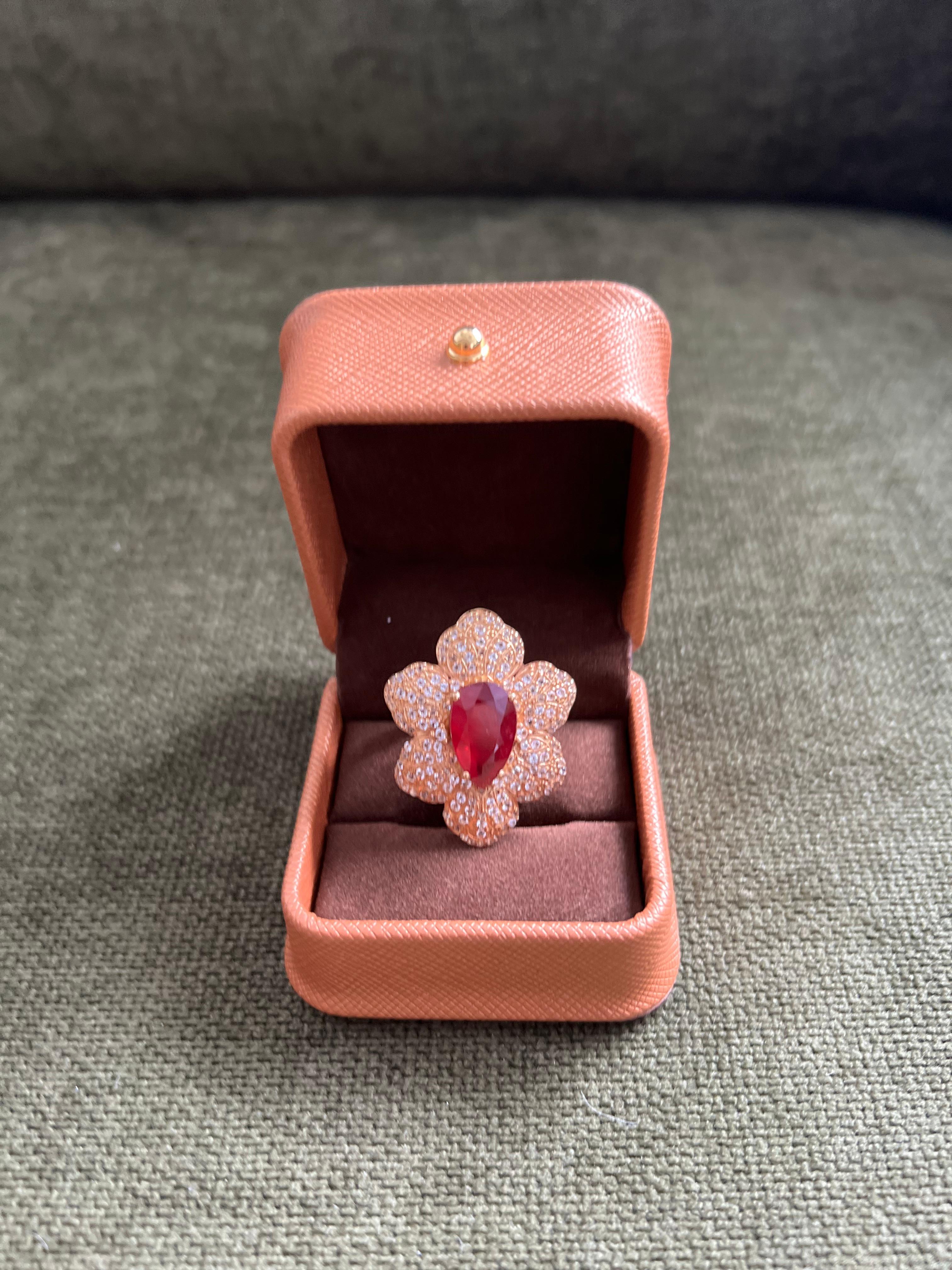 Anglo-Indian Bochic “Capri” Natural Red Ruby & Topaz Ring Set In 18K Gold & Silver For Sale