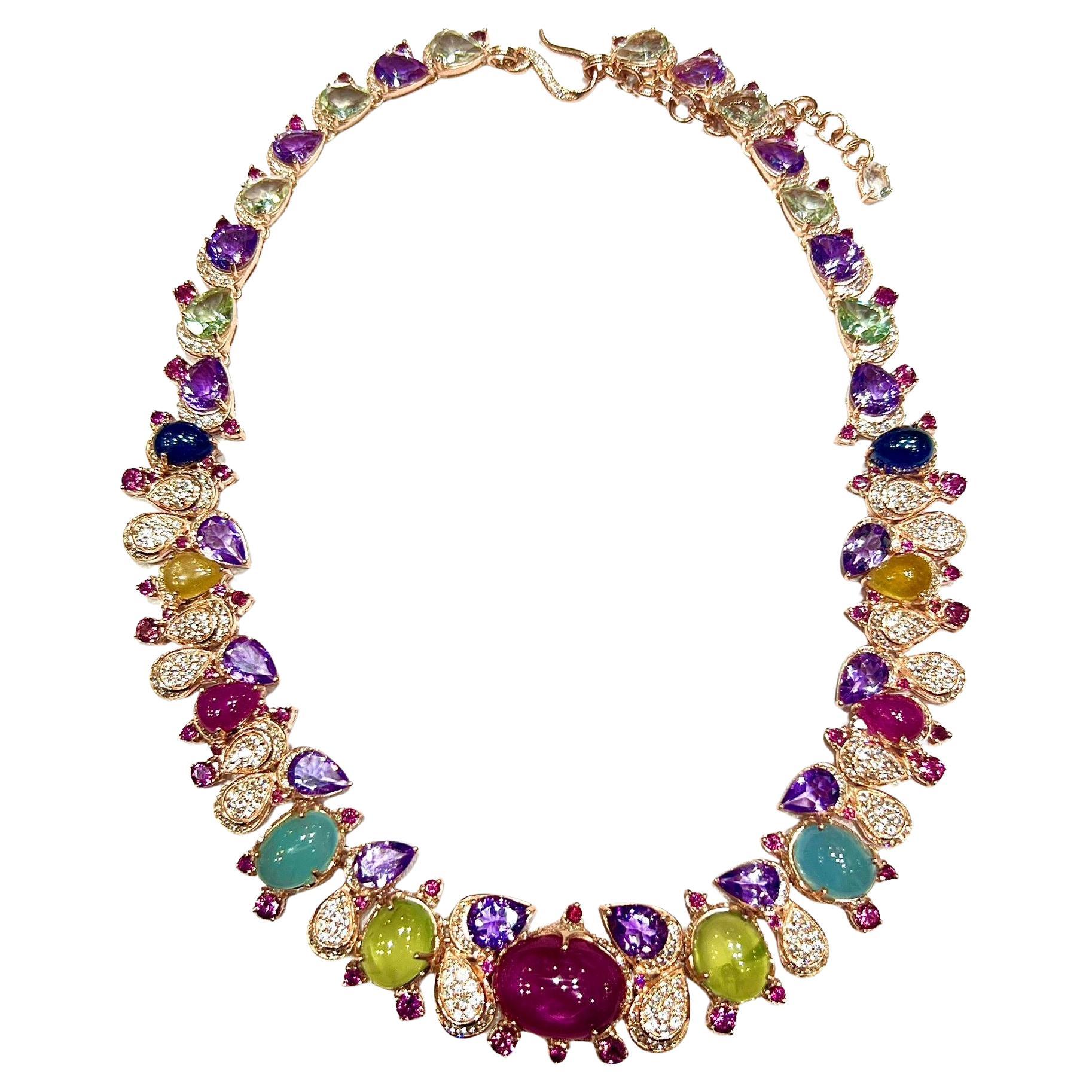 Bochic “Capri” Natural Red Ruby & Yellow Sapphire Necklace Set in 18K & Silver