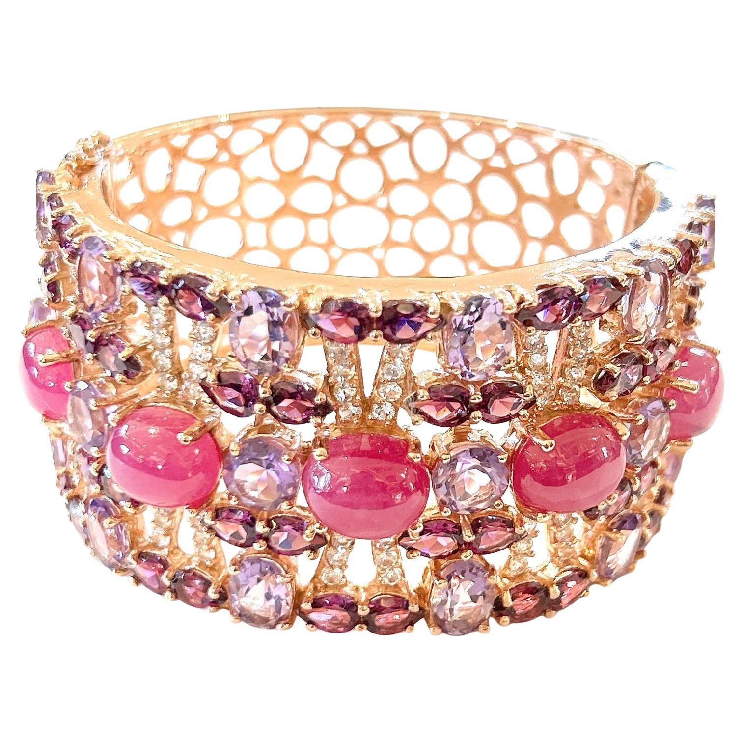 Bochic “Capri” Natural Ruby & Amethyst Cuff Set In 18K Gold & Silver in vendita