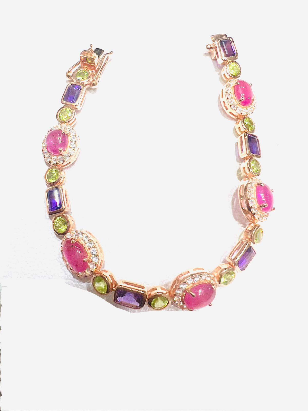 Art Deco Bochic “Capri” Natural Ruby, Amethyst & Peridot Bracelet Set 18K Gold & Silver For Sale