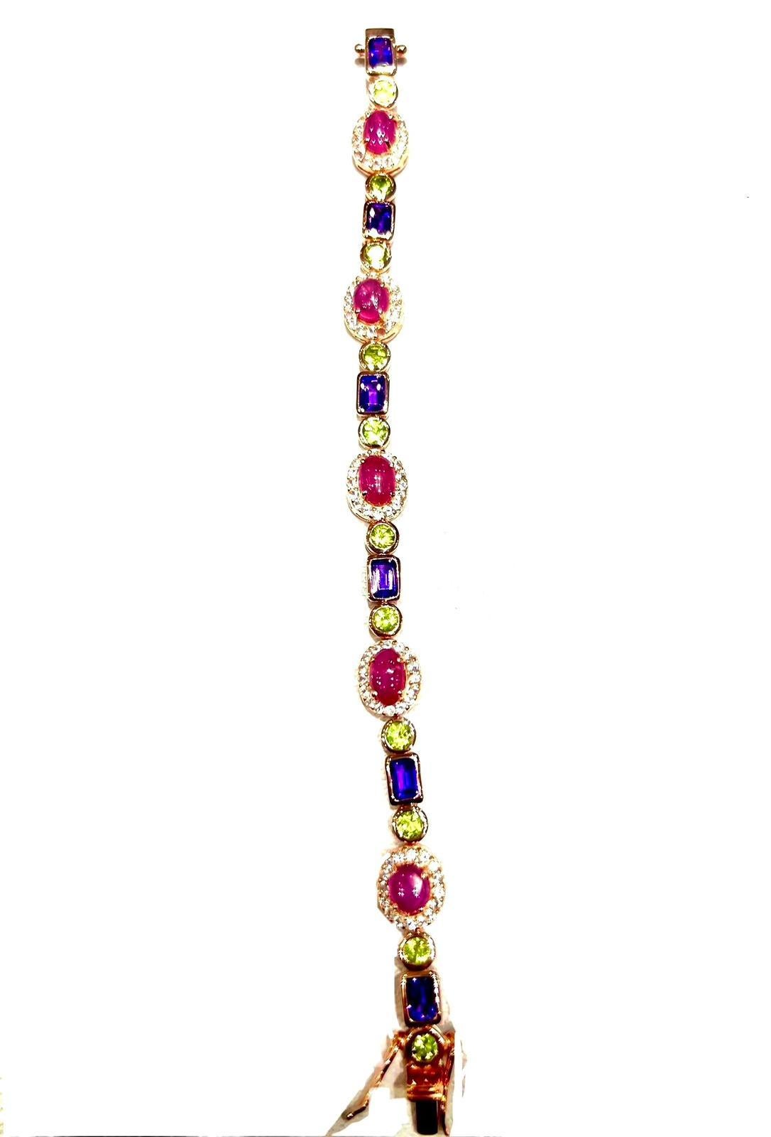 Women's or Men's Bochic “Capri” Natural Ruby, Amethyst & Peridot Bracelet Set 18K Gold & Silver For Sale