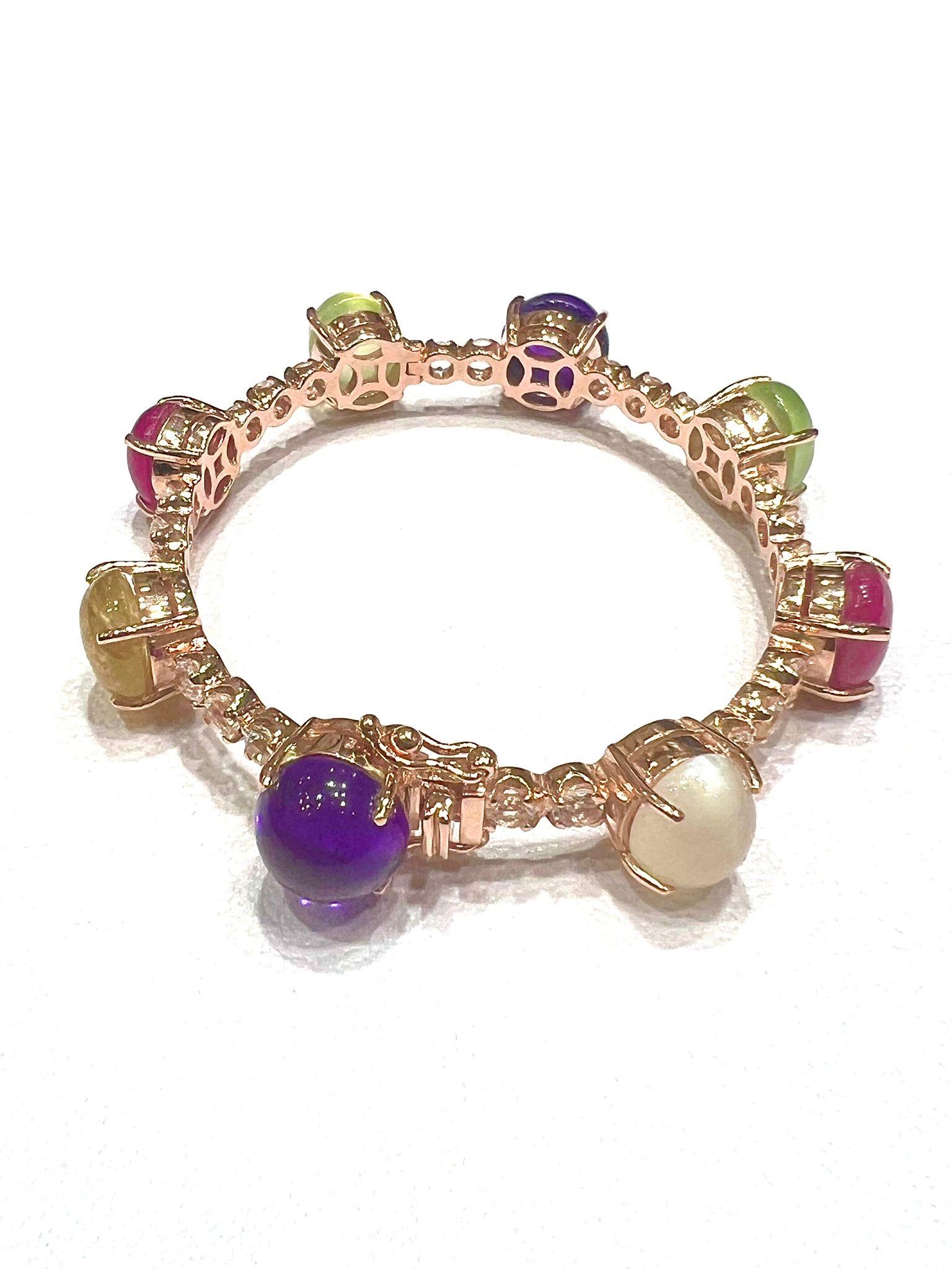 Women's or Men's Bochic “Capri” Natural Ruby, Amethyst & Peridot Bracelet Set 18K Gold & Silver For Sale