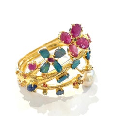 Bochic “Capri” Natural Ruby & Blue Opal Bangle Set In 18 K Gold & Silver