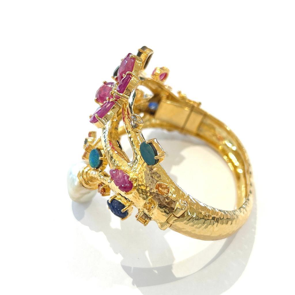Women's Bochic “Capri” Natural Ruby & Blue Opal Bangle Set In 18 K Gold & Silver 