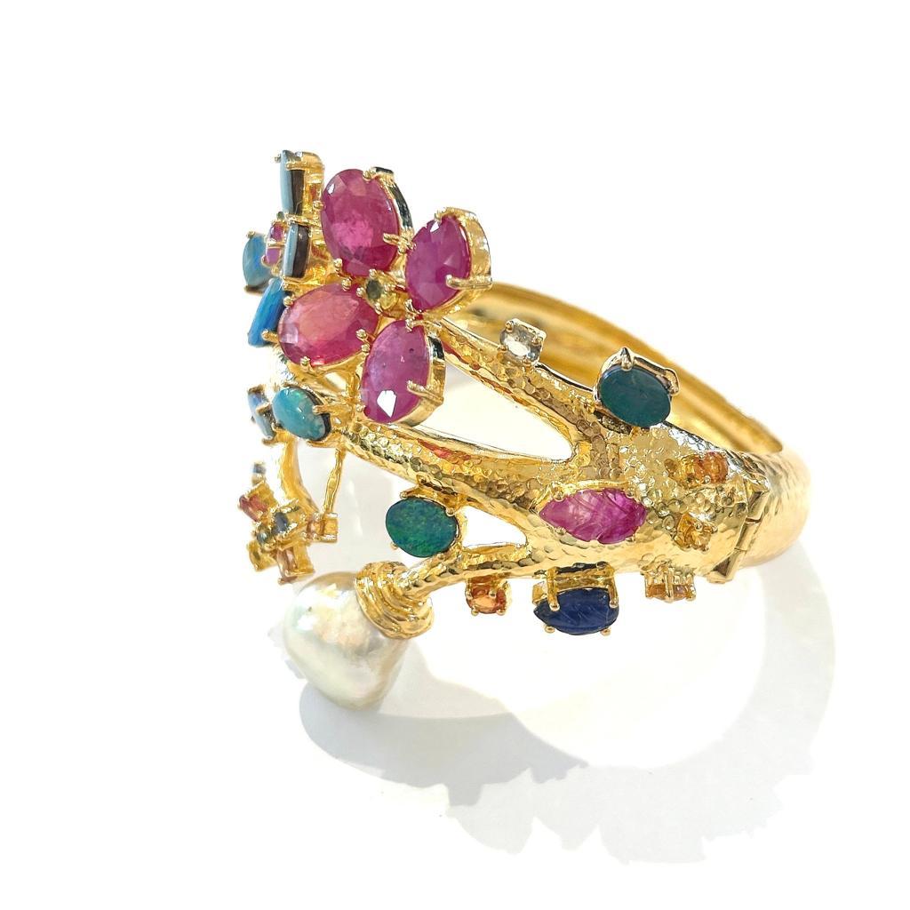 Bochic “Capri” Natural Ruby & Blue Opal Bangle Set In 18 K Gold & Silver  1