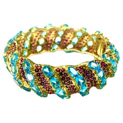 Bochic “Capri” Natural Ruby & Blue Topaz Bangle Set In 18K Gold & Silver