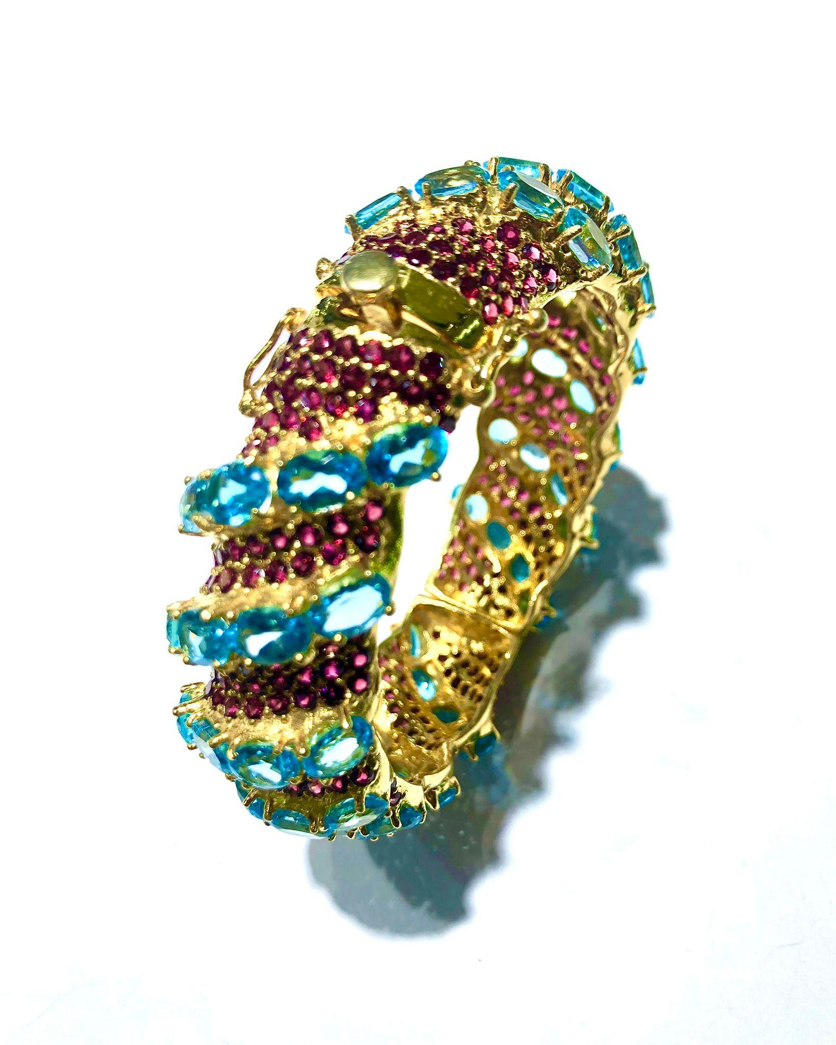 Retro Bochic “Capri” Natural Ruby & Blue Topaz Bangle Set In 18K Gold & Silver For Sale