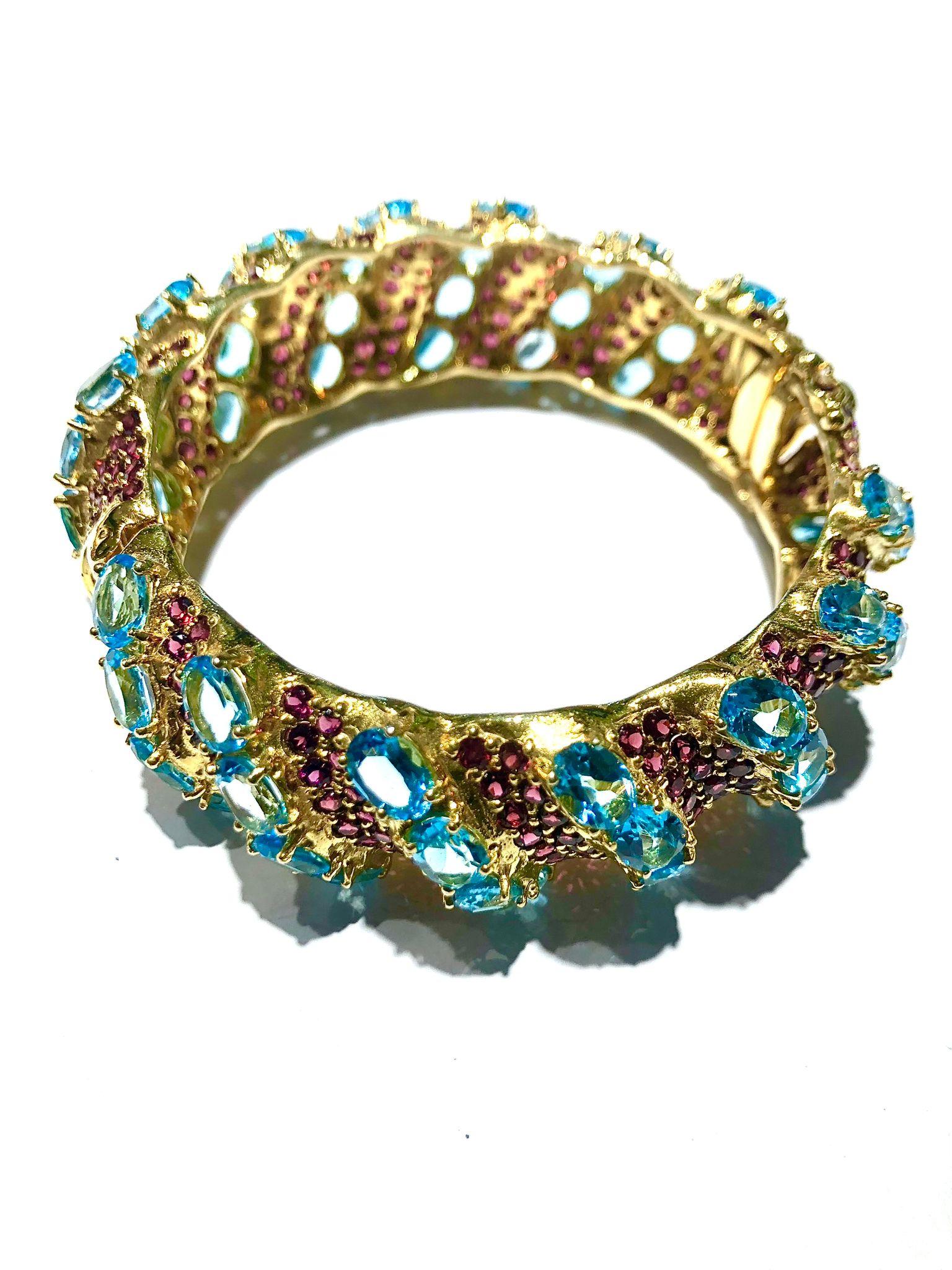 Women's or Men's Bochic “Capri” Natural Ruby & Blue Topaz Bangle Set In 18K Gold & Silver For Sale