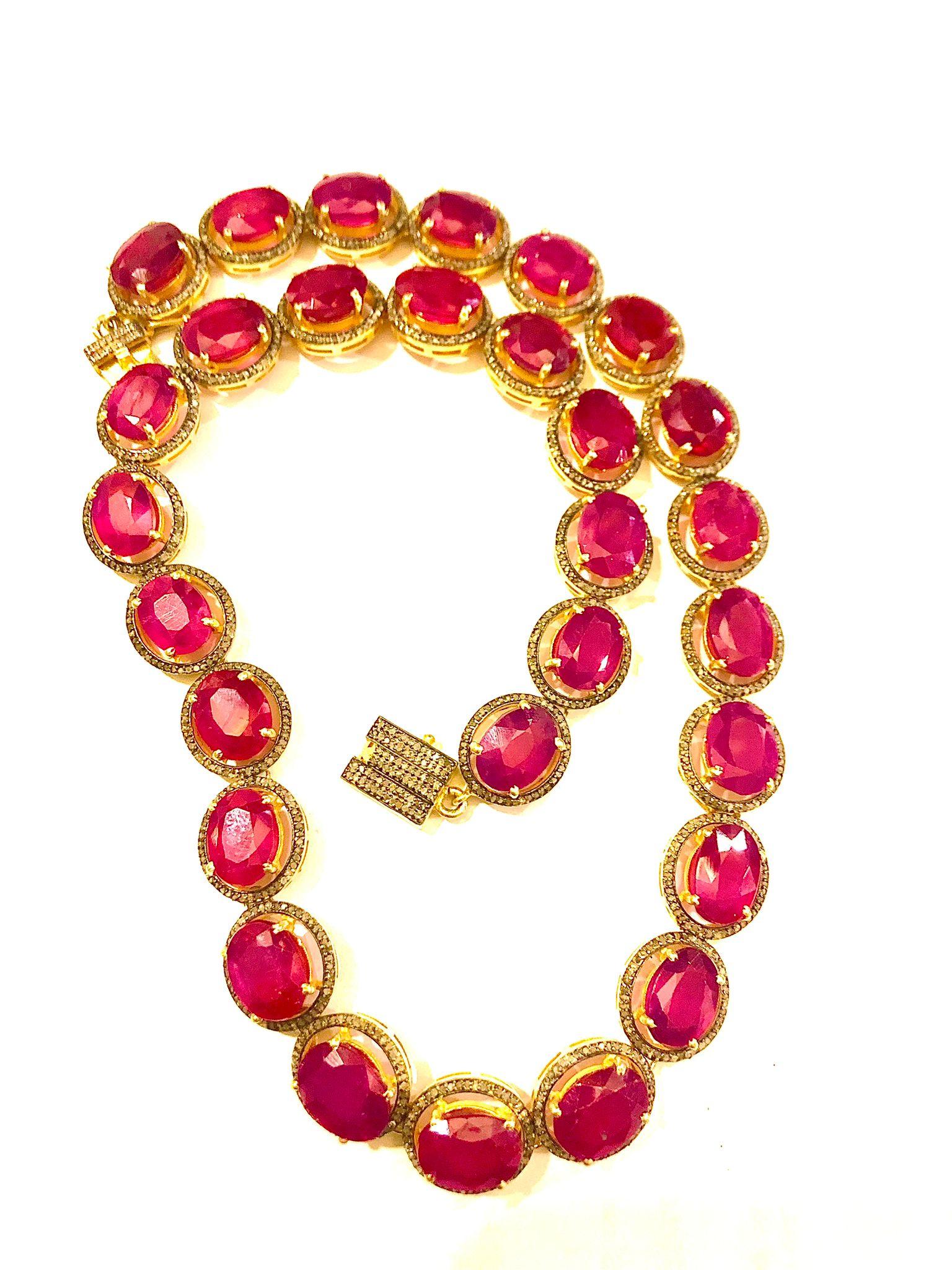 Anglo-Indian Bochic “Capri” Natural Ruby & Diamond Necklace & Earring Set 18K Gold & Silver For Sale
