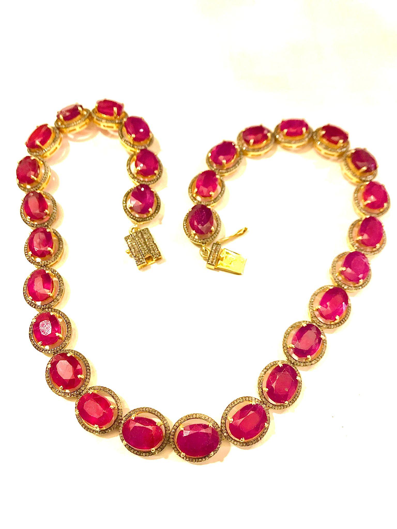 Brilliant Cut Bochic “Capri” Natural Ruby & Diamond Necklace & Earring Set 18K Gold & Silver For Sale