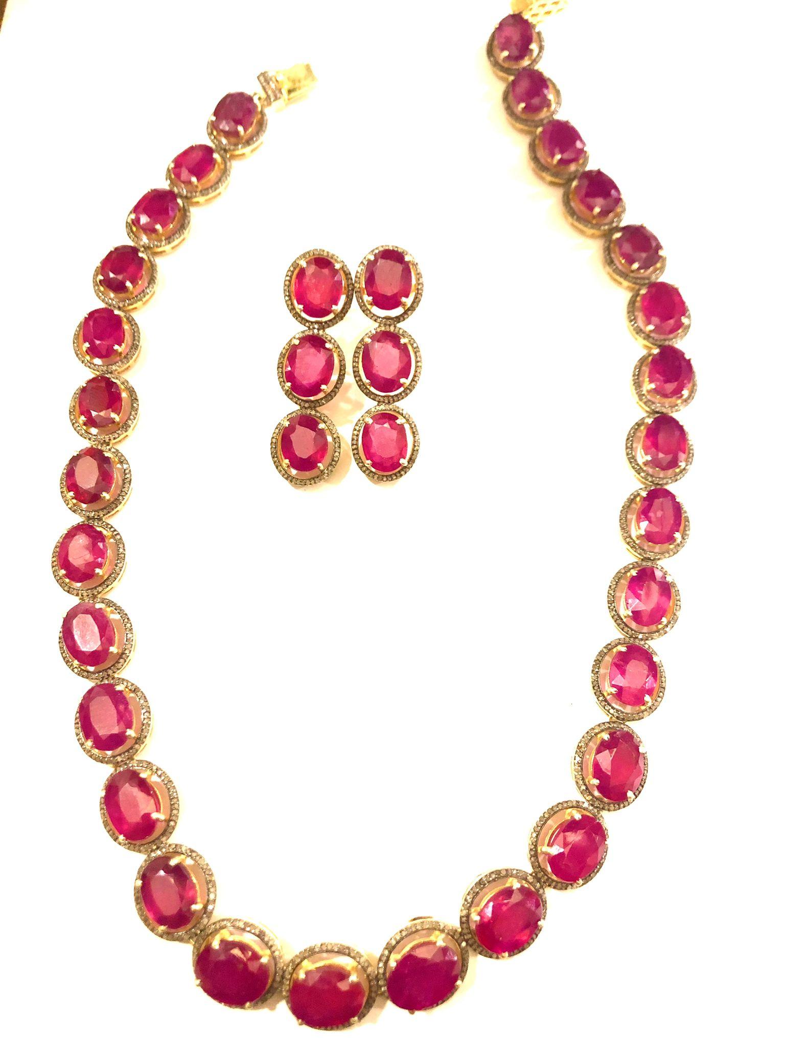 Bochic “Capri” Natural Ruby & Diamond Necklace & Earring Set 18K Gold & Silver In New Condition For Sale In New York, NY