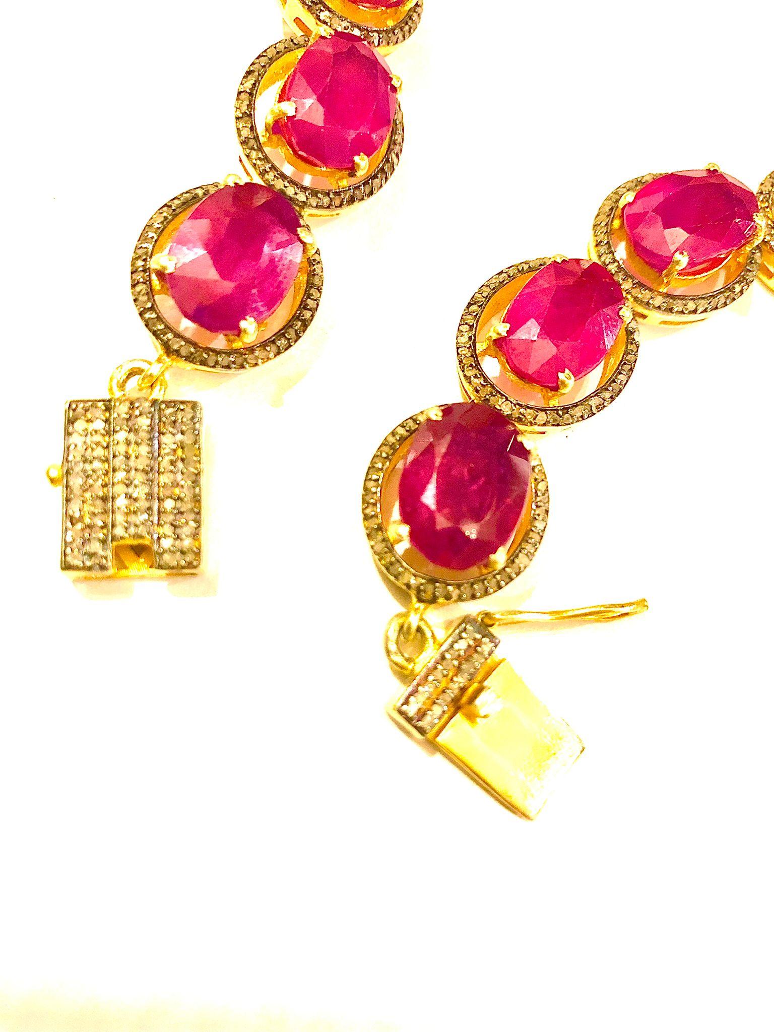Women's or Men's Bochic “Capri” Natural Ruby & Diamond Necklace & Earring Set 18K Gold & Silver For Sale