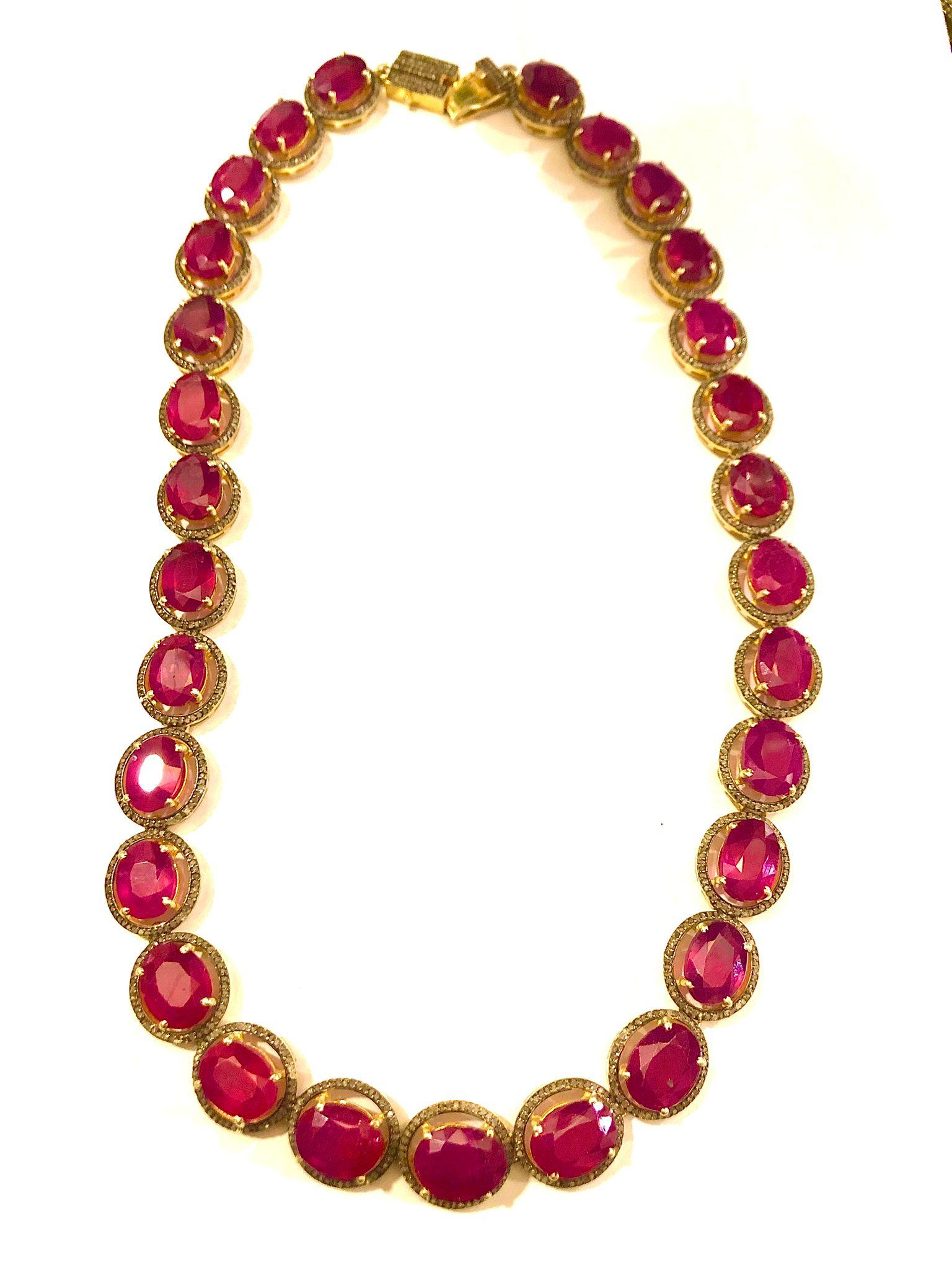 Bochic “Capri” Natural Ruby & Diamond Necklace & Earring Set 18K Gold & Silver For Sale 1