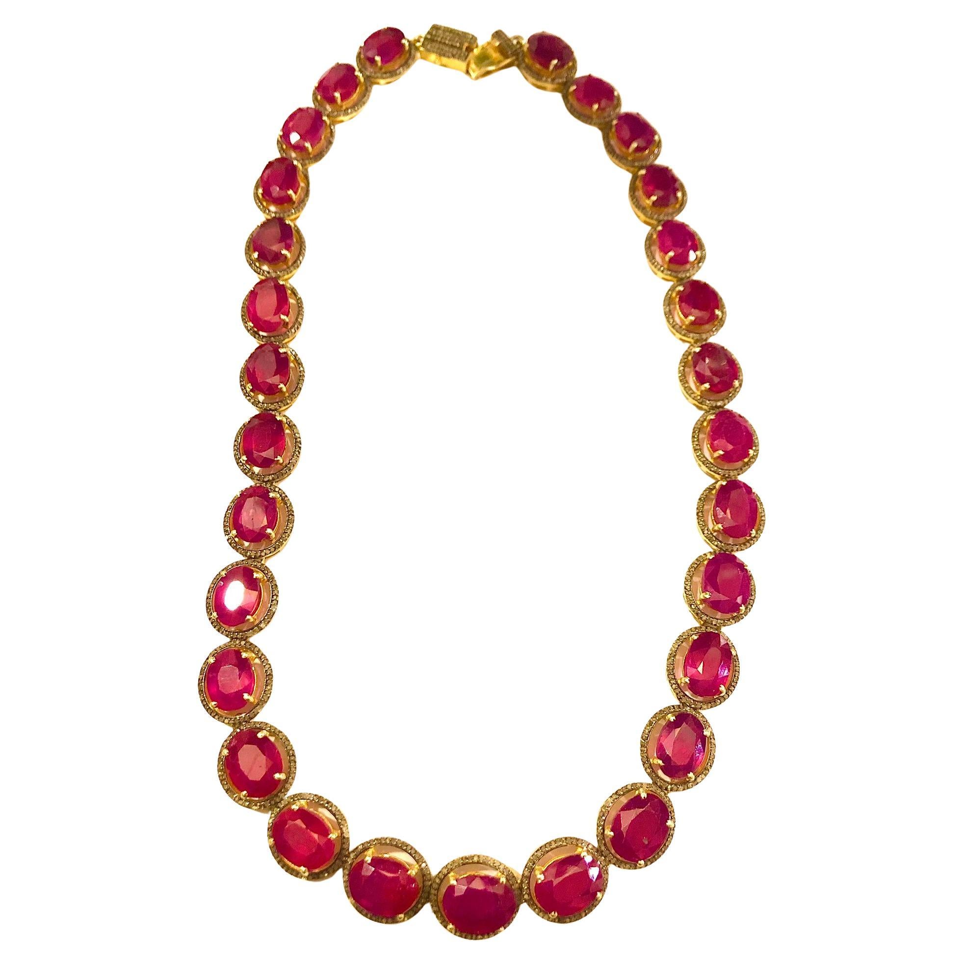 Bochic “Capri” Natural Ruby & Diamond Necklace & Earring Set 18K Gold & Silver