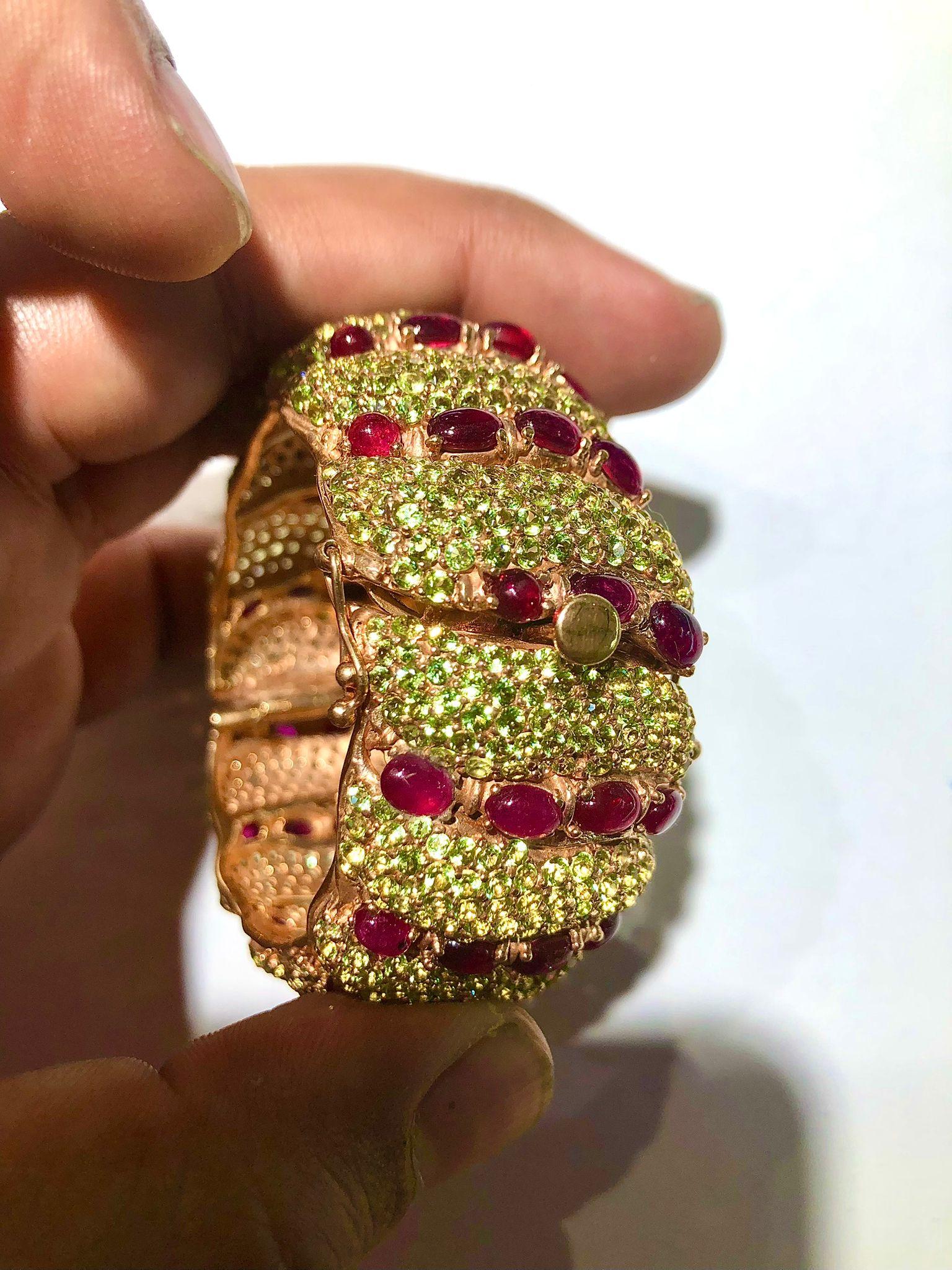 Retro Bochic “Capri” Natural Ruby & Natural Peridot Bangle Set In 18K Gold & Silver For Sale