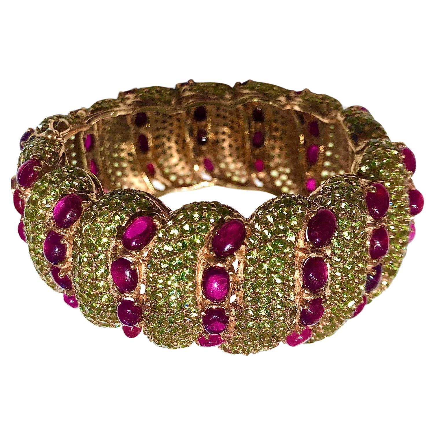 Bochic “Capri” Natural Ruby & Natural Peridot Bangle Set In 18K Gold & Silver For Sale