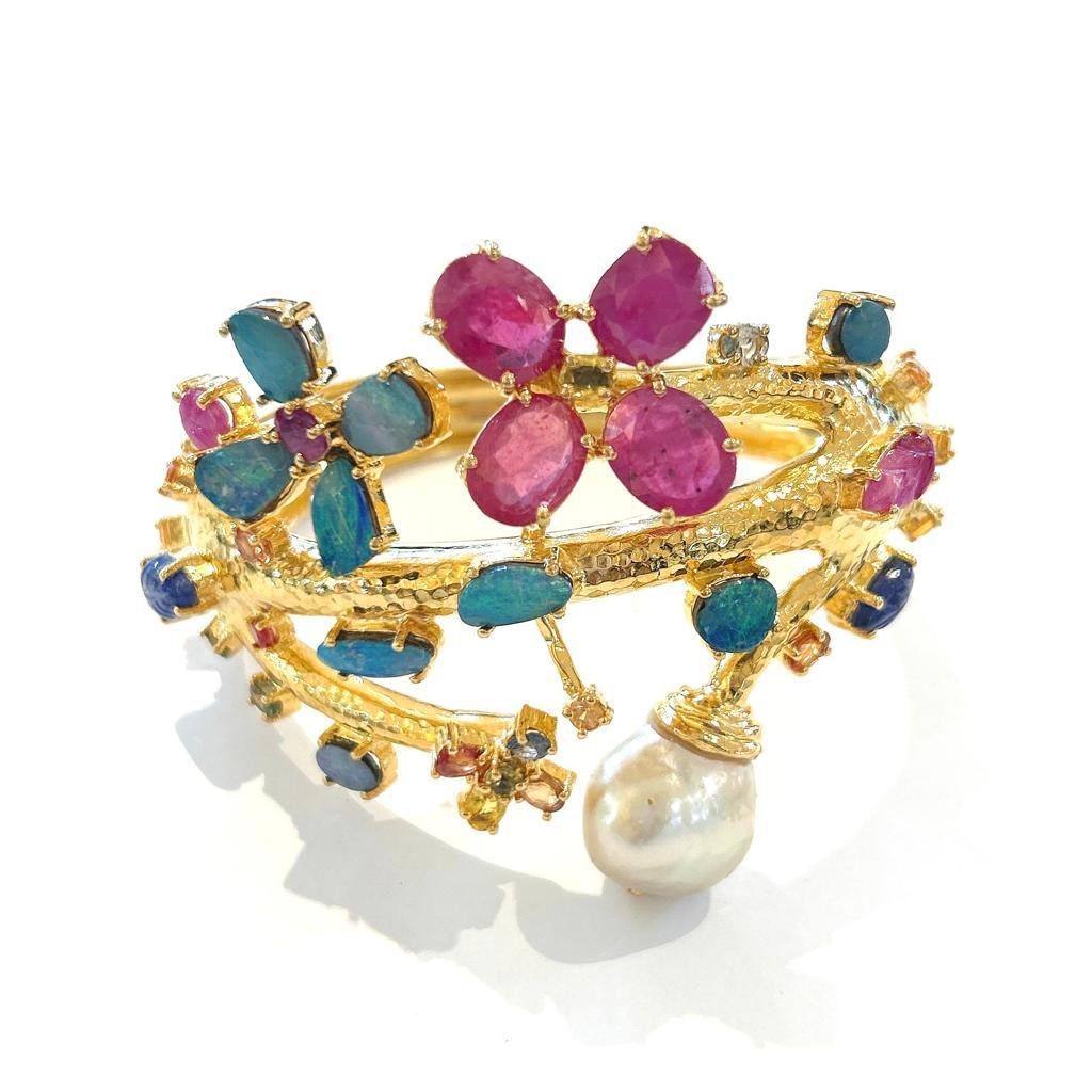 Artisan Bochic “Capri” Natural Ruby, Sapphire & Blue Opal Bangle Set In 18k Gold&Silver  For Sale