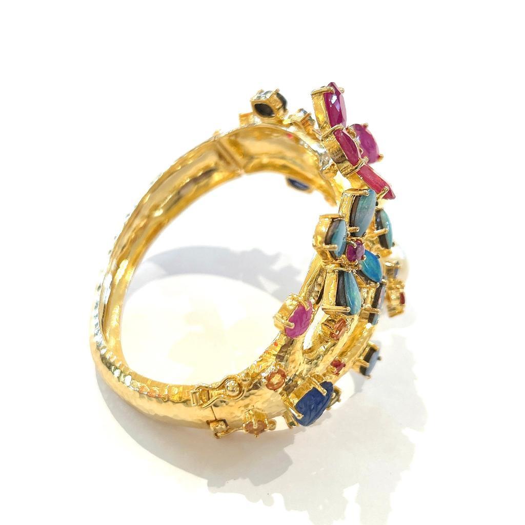 Oval Cut Bochic “Capri” Natural Ruby, Sapphire & Blue Opal Bangle Set In 18k Gold&Silver  For Sale