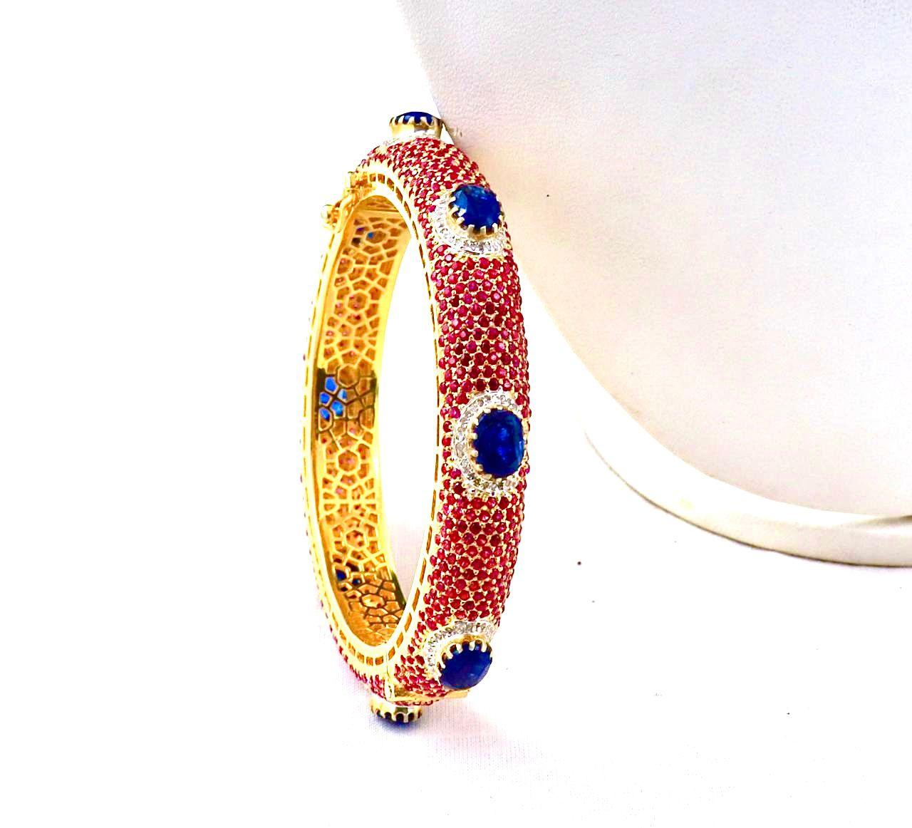 Classical Roman Bochic “Capri” Natural Ruby, Sapphire & Diamond Bangle Set In 18K Gold & Silver For Sale