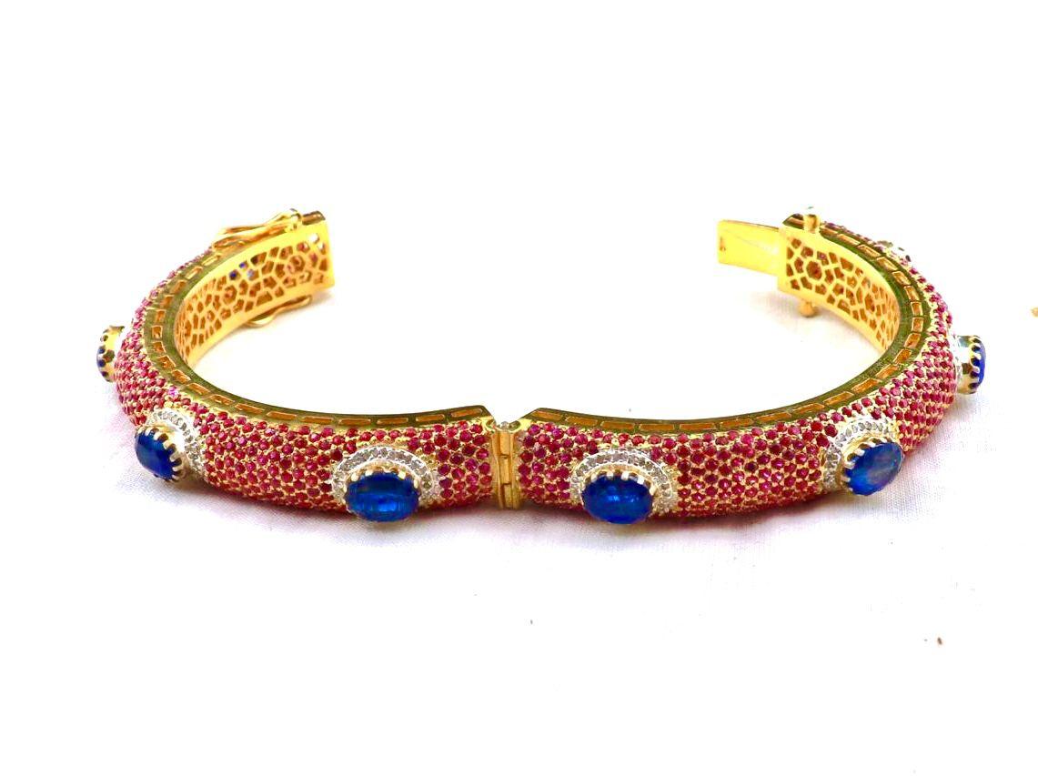 Bochic “Capri” Natural Ruby, Sapphire & Diamond Bangle Set In 18K Gold & Silver In New Condition For Sale In New York, NY