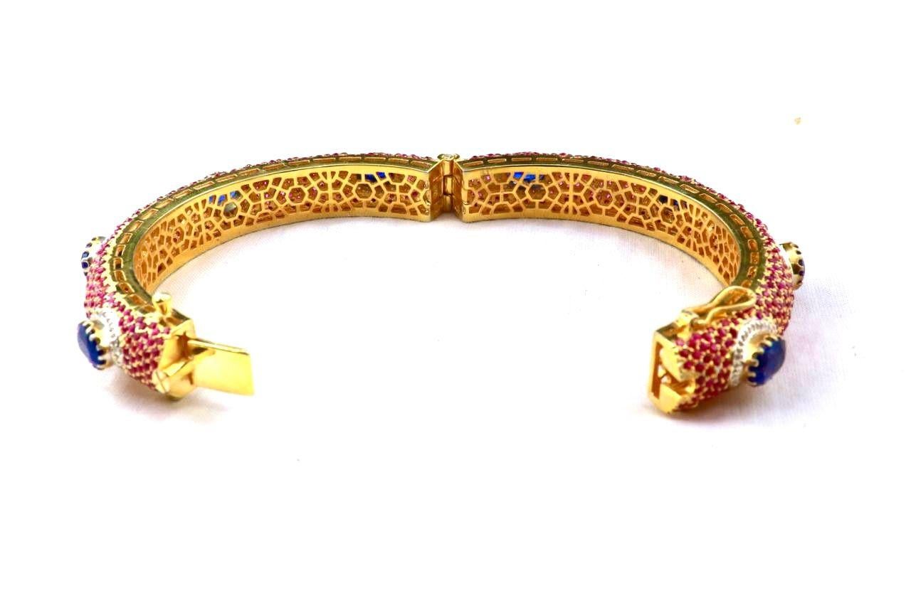 Women's or Men's Bochic “Capri” Natural Ruby, Sapphire & Diamond Bangle Set In 18K Gold & Silver For Sale
