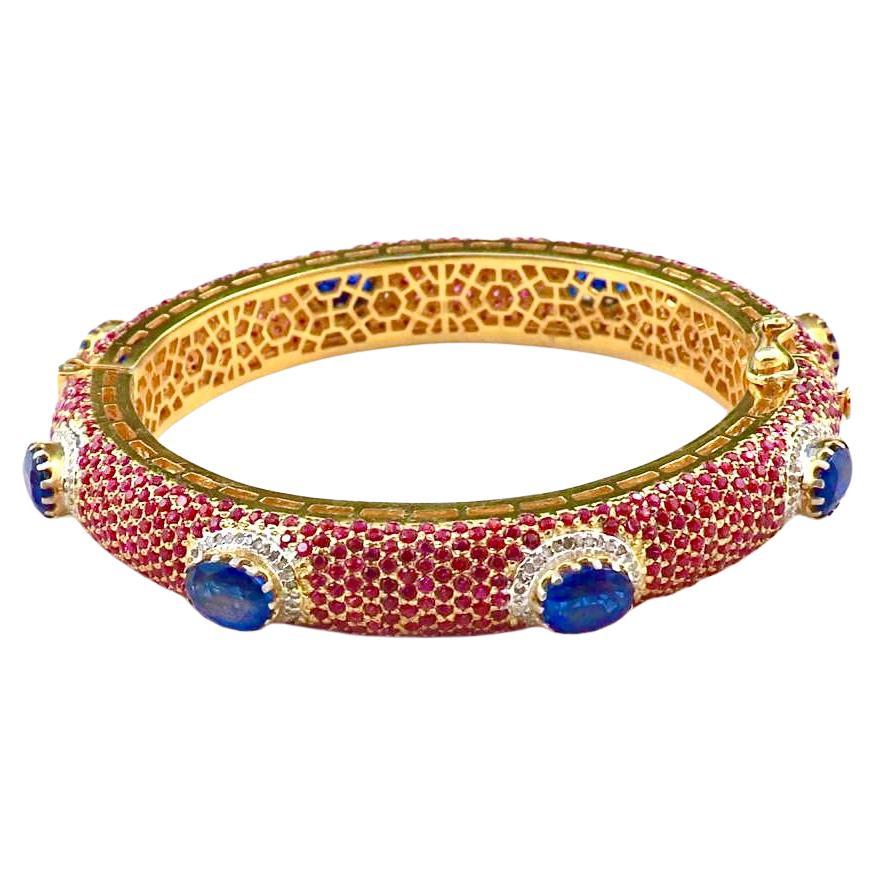 Bochic “Capri” Natural Ruby, Sapphire & Diamond Bangle Set In 18K Gold & Silver