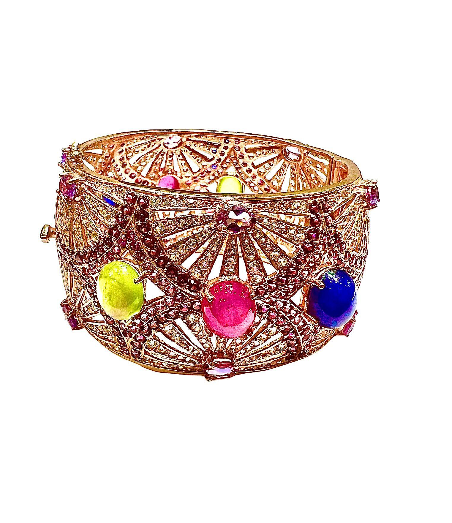 Bochic “Capri” Natural Ruby, Sapphire & Emerald Cuff Set In 18K Gold & Silver For Sale 5