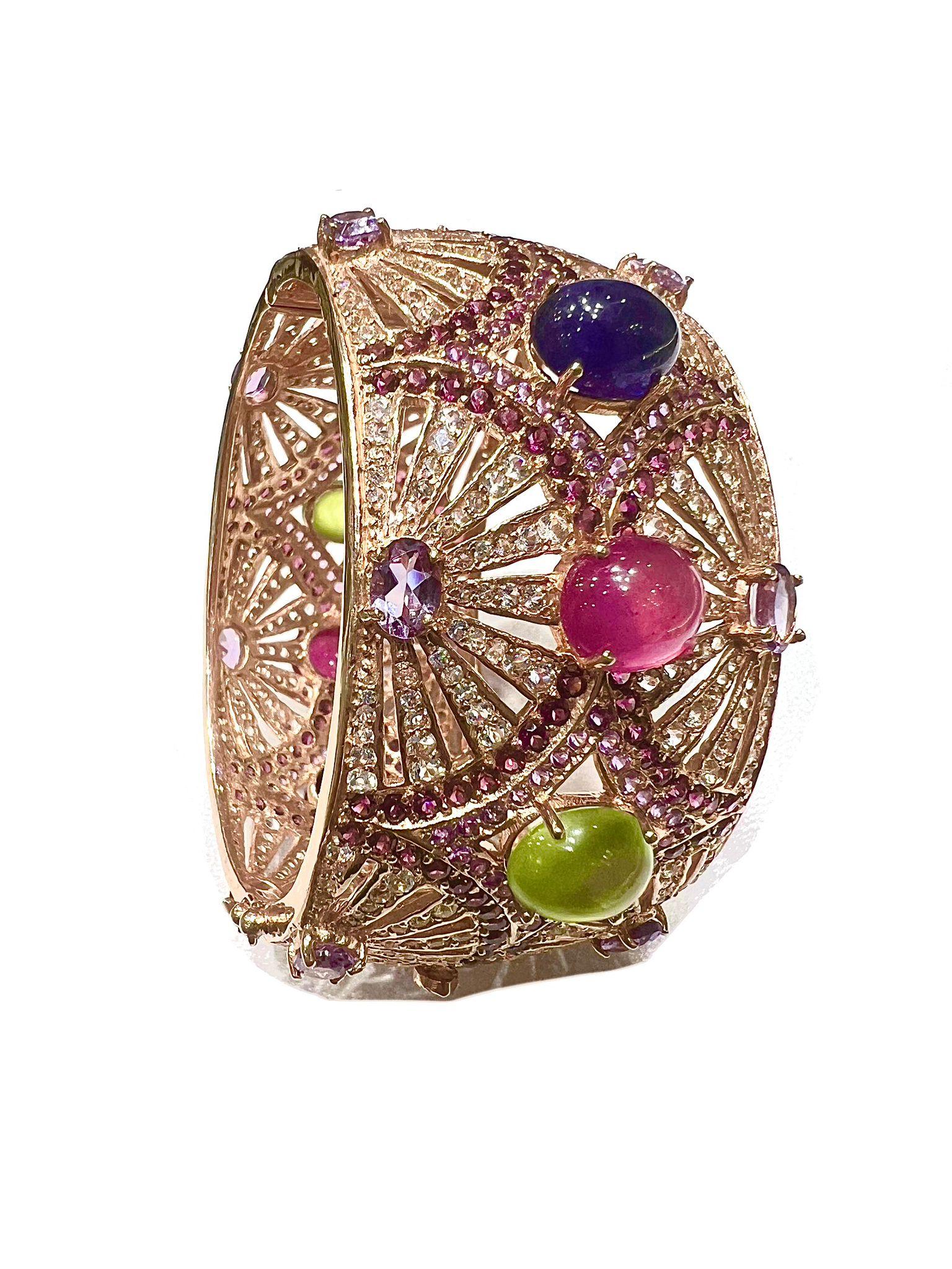 Bochic “Capri” Natural Ruby, Sapphire & Emerald Cuff Set In 18K Gold & Silver For Sale 1
