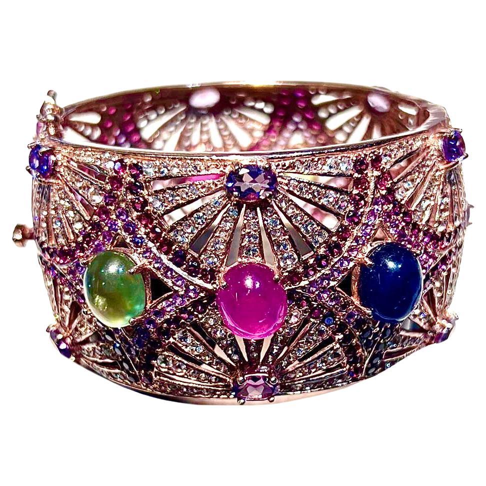 Bochic “Capri” Natural Ruby, Sapphire & Emerald Cuff Set In 18K Gold & Silver