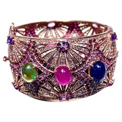 Bochic “Capri” Natural Ruby, Sapphire & Emerald Cuff Set In 18K Gold & Silver