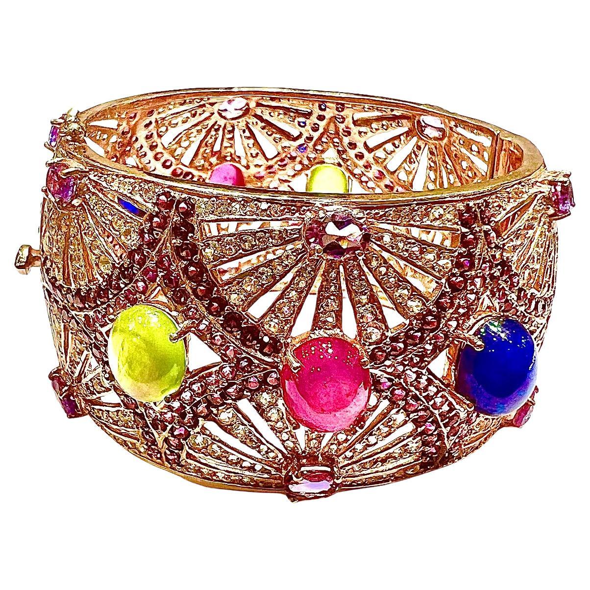 Bochic “Capri” Natural Ruby, Sapphire & Emerald Cuff Set In 18K Gold & Silver