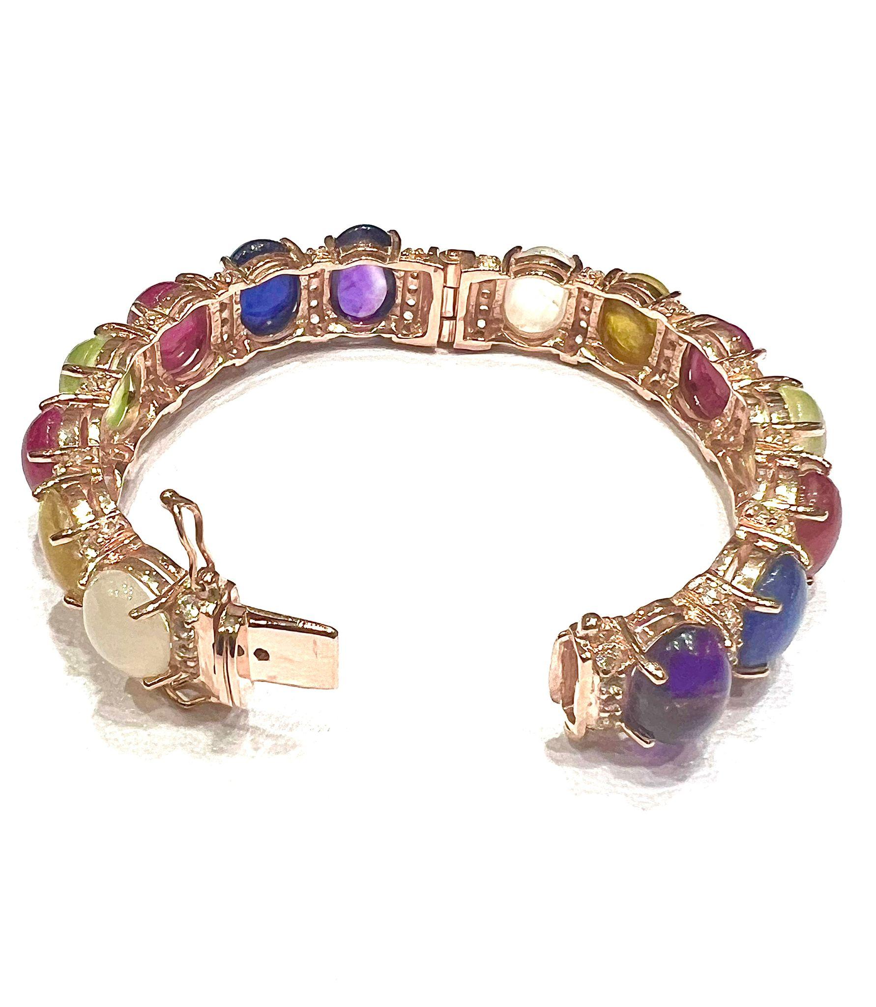 Cabochon Bochic “Capri” Natural Ruby, Sapphire & Peridot Bracelet Set 18K Gold & Silver For Sale