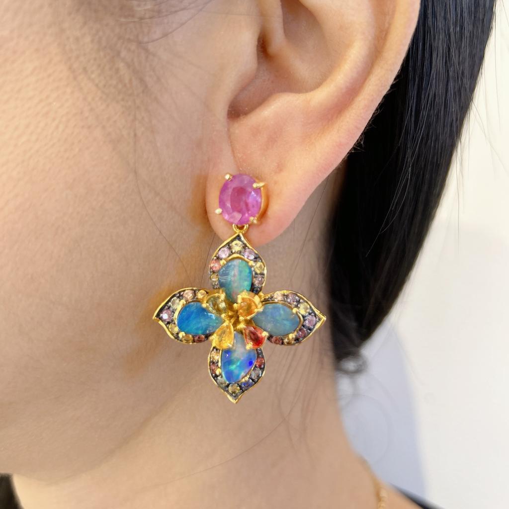 Brilliant Cut Bochic “Capri” Natural Ruby, Sapphires & Opal Ring Set in 18K Gold & Silver  For Sale
