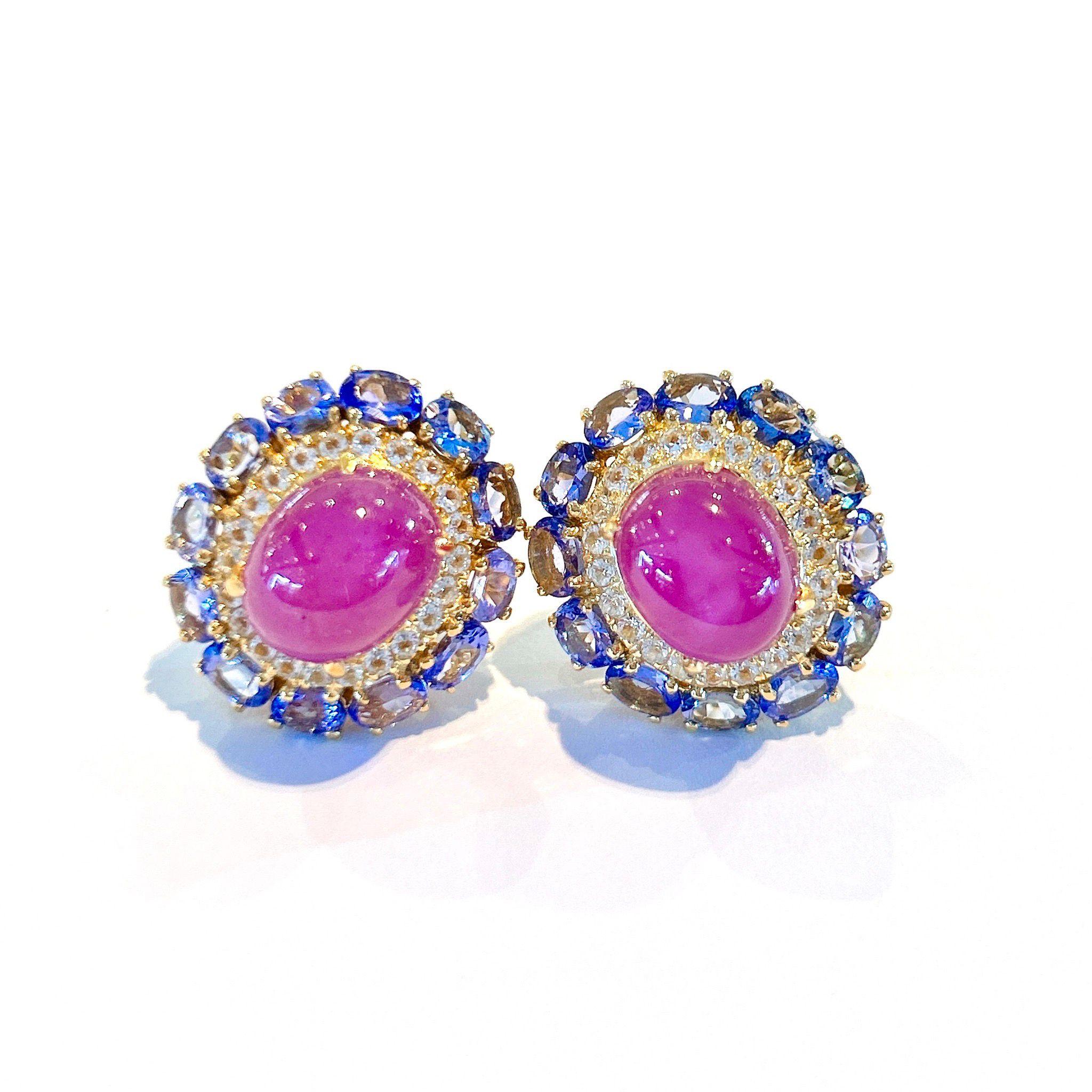 Bochic “Capri” Multi Natural Gem Earrings 
Earrings:
Natural Ruby, Colors - Red, Pink, 15 Carats 
Natural Tanzanite - Colors, Purple, 12 Carats 
Natural White Topaz  - 10 Carats 
Set in 22K Gold and Silver 
Back Posts, can add clip ons 
This