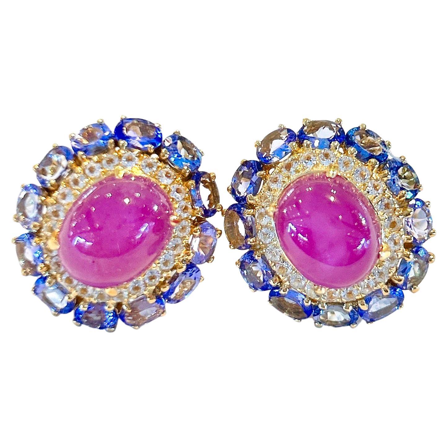 Bochic “Capri” Natural Ruby & Tanzanite Earrings Set in 22k Gold & Silver For Sale