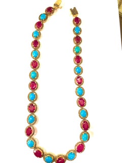 Bochic “Capri” Natural Ruby, Turquoise & Diamond Necklace & Earrings Set 18K Gol