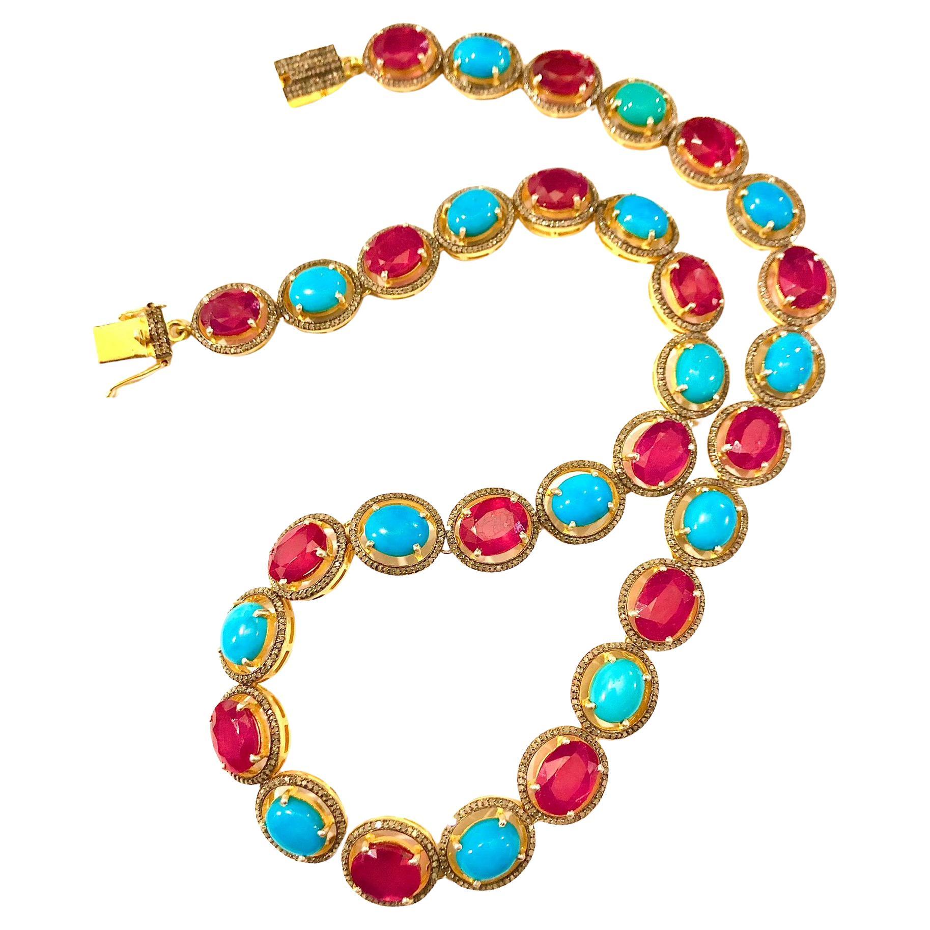 Bochic “Capri” Natural Ruby, Turquoise & Diamond Necklace & Earrings Set 18K Gol